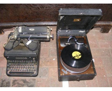 An old Royal typewriter, together with a portable wind-up gramophone 