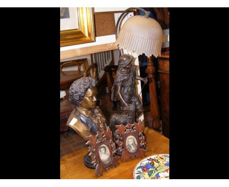 A decorative table lamp, modern bust of Beethoven, together with two wooden picture frames