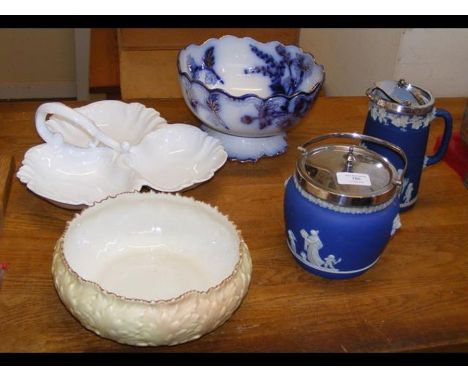 A blue and white Wedgwood biscuit barrel and cover together with other ceramic ware