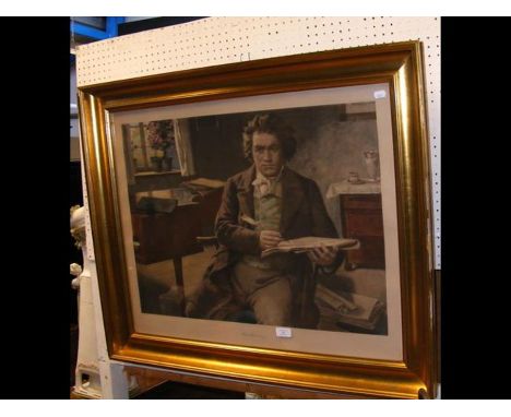 A coloured print of Beethoven together with two other prints