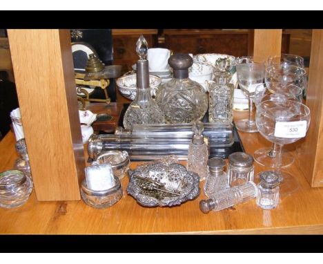 A small collection of silver items, a set of postal scales, sundry ceramic cups and saucers, etc.