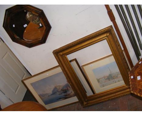 A modern print of European lake scene, together with a watercolour, gilt picture frame and oak hall mirror 