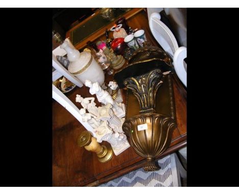 An alabaster table lamp, two wall shelves etc.