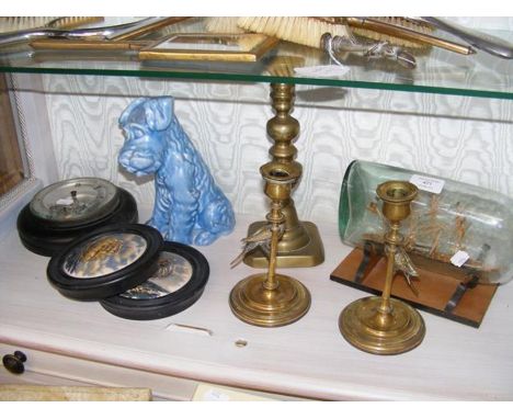 A ship in bottle, circular barometer, Sylvac blue Terrier, etc.  