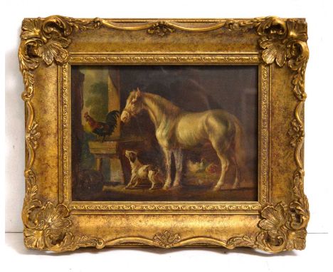 19th CenturyFarmyard Friends; the interior of a stable, with gathered horse, spaniel, cockerel, and hens,label verso bears in