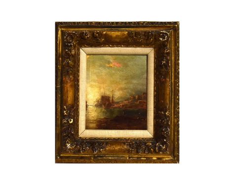 19th Century ContinentalDusk Harbour View,oil on panel,18 x 13cms, in frame.
