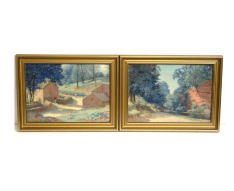Thomas Bowman Garvie(1859-1944)A pair of landscape views, with dappled light and verdant foliage,signed,oil on board,24 x 34c