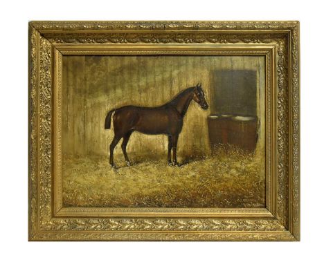H* T* Widdas(19th Century)Portrait of a Chestnut Racehorse in a Stable,signed and dated 1881,oil on board,31 x 41cms, in fram