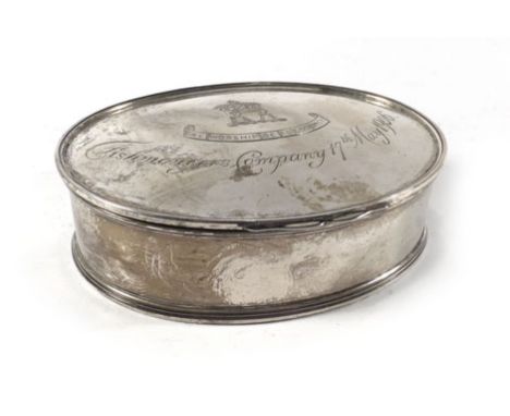 An Edwardian silver and parcel gilt snuff box of oval form, Mappin & Webb, London 1905, w. 9.5 cm, 3.5 ozs*engraved 'Fishmong