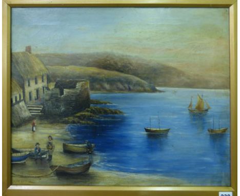 L.. A.. R.. (19th century),a naive study of boats by a beach, figures in the foreground,signed with initials,oil on canvas,42