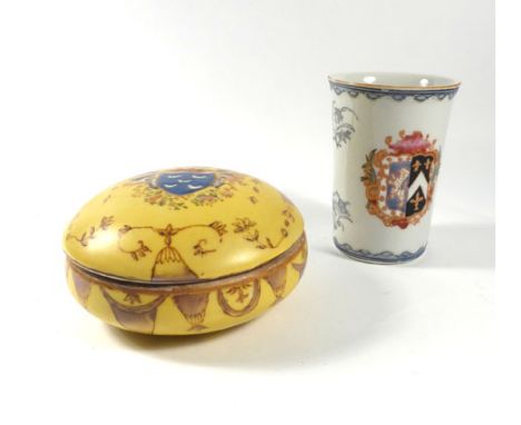 A Toussi Court Franco-Chinese famille jaune armorial pot and cover of circular form, d. 11.5 cm, together with a another armo