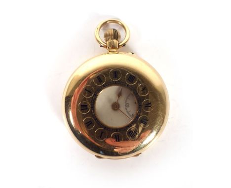 A 15ct yellow gold cased half hunter fob watch, the white enamel dial with black Roman numerals and second hand section, the 