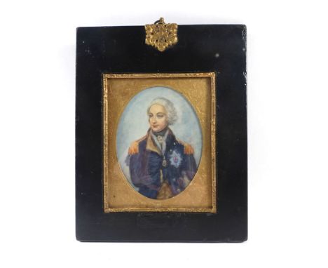 A 19th century miniature watercolour on ivory half-length portrait of Lord Nelson within a gilt metal and ebonised frame, 20 