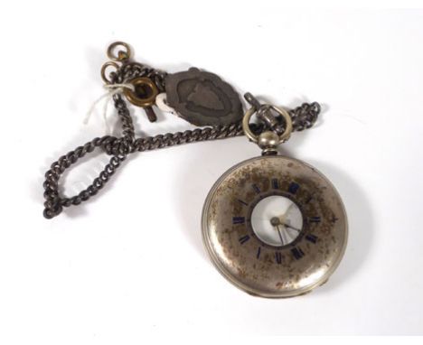 A late 19th/early 20th century silver cased half hunter fob watch, the white enamelled dial with black Roman numerals and sec