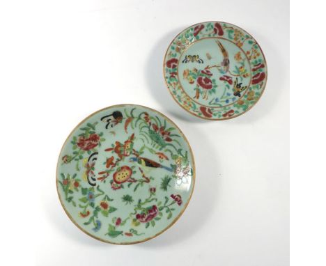 Two Cantonese shallow dishes each typically decorated in coloured enamels with insects, birds and flowering shrubs, max. d. 1