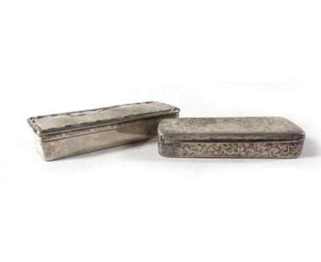 A silver and brightcut engraved snuff container of rectangular form, maker JR, Birmingham 1901, w. 7.7 cm, together with a si