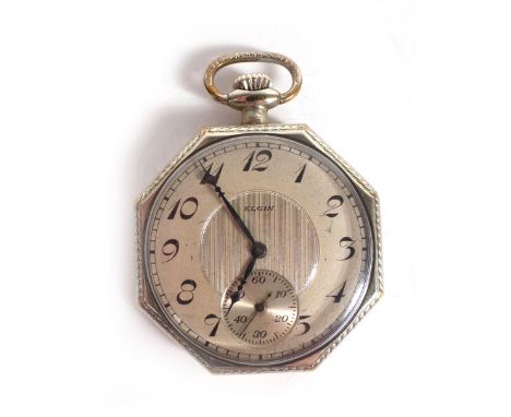 A 1920's white metal open faced pocket watch by Elgin, the circular dial with black Arabic numerals and second hand section w