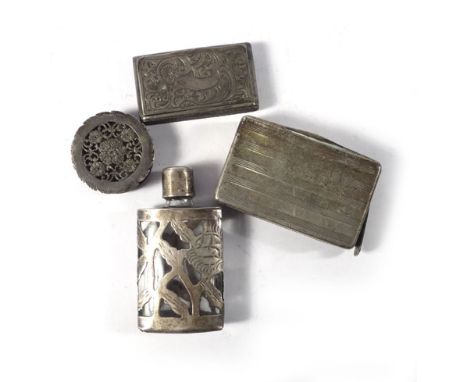 A late 19th/early 20th century continental metalware snuff box of rectangular form, w. 5 cm, together with a metalware vesta 