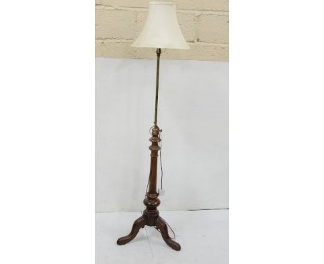 Brass and Mahogany Standard Lamp (telescopic), on a tripod base, cream shade, 1.44 cm h