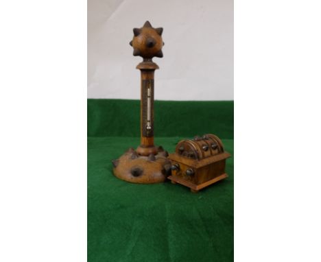 2-Piece Gothic Style Victorian Olive Wood Thermometer and Vesta Set, the vesta in the shape of a dome-top casket and the bras