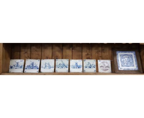 6 x similar sized Dutch tiles - windmills, farm workers, buildings, each 13cm sq approx, one red/white tile (figure of lady) 
