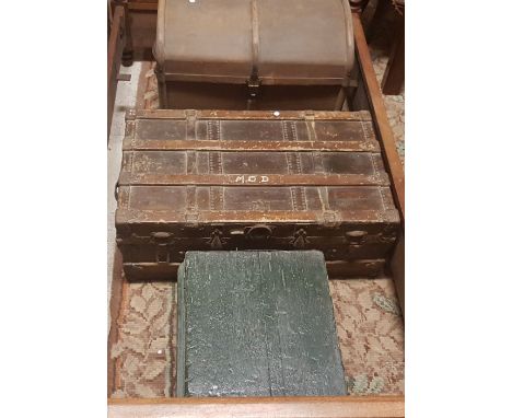 3 X Trunks – one domed top (“The Authentic, Belfast”) 28”w, one Green pine Chest with hinged lid and dove-tailed corners 26”w