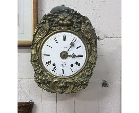 Antique French Wall Clock, the white face stamped “Prevot, A Toul”, with griffen impressions on the brass surround, 2 iron we