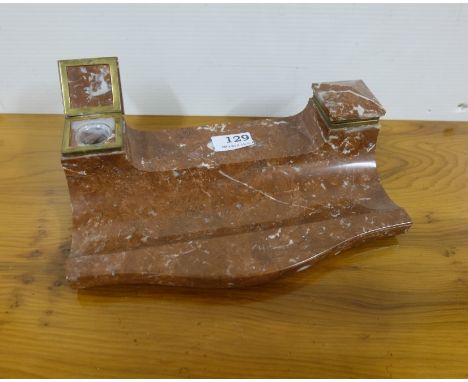 Red Marble Desktop Inkwell, with 2 glass ink pots inside 2 hinged lids  