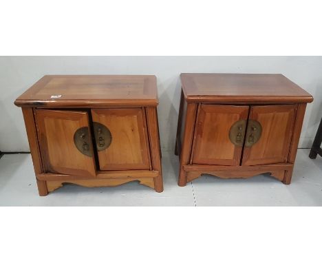 Matching Pair Bedside Lockers, Oriental style with brass handle plates, 2 interior drawers and shelf, each 58cm w x 50cm h (2