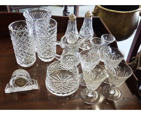 Group of Waterford Glass items – pair of Low Vases, 4 x Sherry Glasses, pair of Cruets, miniature Clock etc (14)