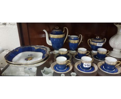 2 x Aynsley fluted edged blue/white bowls, 23cm square and a 15-piece Aynsley blue/gold coffee set including a Coffee Pot, 6 