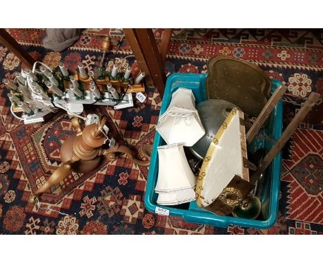 Heavy brass 3-branch ceiling light, pair of wall lights, 2 Christmas lights, iron candle stand, 2 lamp shades