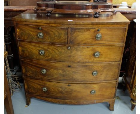 19th C Mahogany Bowfront Chest of Drawers, 2 short drawers over 3 long drawers, on bracket feet, 41"w x 42"h x 20"d