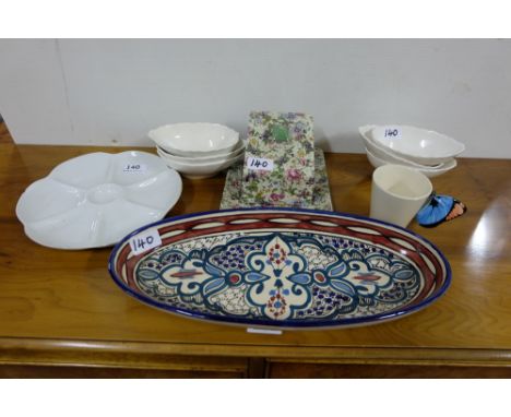 Shelf and box of miscellaneous China - cups, saucers, lustre jug, oval bowls etc
