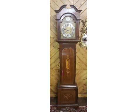 Grandmother Clock in nicely inlaid mahogany case, the brass and silvered dial with Alpha numerals, "Tempus Fugit", 18"w x 80"