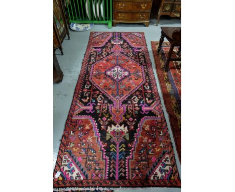 Washed Red Ground Iranian Village Runner, unique medallion design, vibrant colours, 2.52m x 0.97m