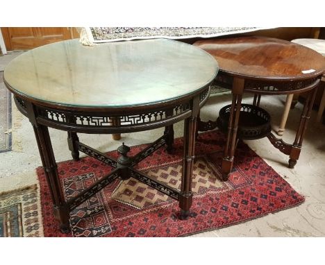 Two circular centre tables – 1 walnut on bamboo style legs, stretcher shelf, 75cm dia &amp; 1 mahogany with fretwork borders,