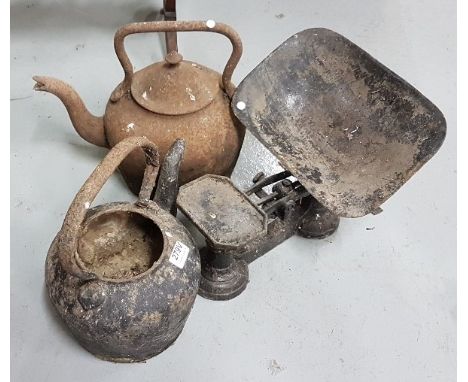 2 old metal Kettles (one with no lid) and a Metal Scales (3)