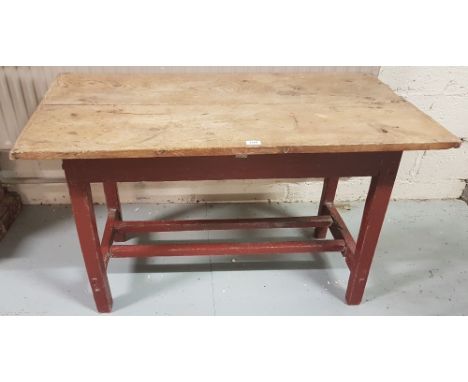 Vintage Country Pine Kitchen Table, on stretcher base, painted red, 48”l x 25”w x 28”h