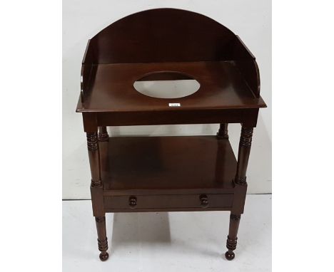 Late 19th C mahogany washstand with basin well and stretcher drawer, 26"w x 38"h, French polished