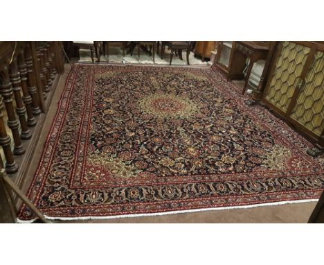 Old Deep Blue Ground Persian Kashan Carpet, a beautiful Shabas Medallion Design, 3.84m x 2.90m