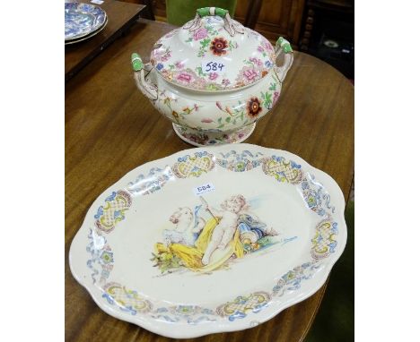7 Items – Spode Tureen, Oval French Plate, signed J G, 2 small plates, Blue Jug, Fruit Bowl &amp; Faulty Towers Teapot (7)