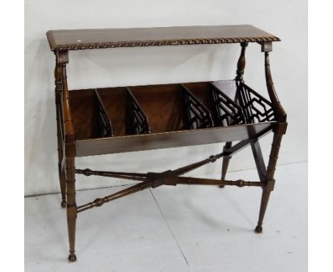 Mahogany low sized Bookstand, a rope edge upper shelf over 5 compartments on bamboo style legs, cross stretcher (reproduction