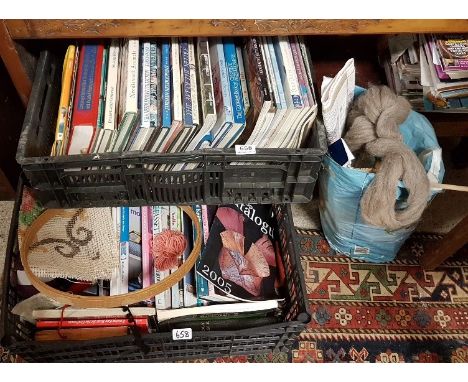 2 Boxes of books of sewing interest, incl. Tapestry plans, a hoop &amp; 2 boxes of clothing patterns