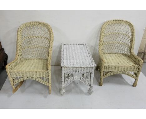 3-piece Vintage wicker garden suite, painted white incl. 1 rocking chair, 1 side chair and a coffee table (3)