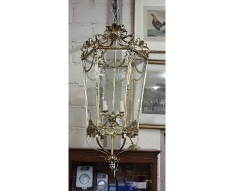 Large Adams Style Brass Framed Hall Lantern, 4 light fittings, bevelled glass, decorative swags and urns with flowers, 1.25m 