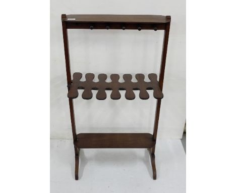 Late 19th C mahogany Boot and Collar Rack, stretcher shelf, 57cm wide x 106cm high (3 hooks missing)