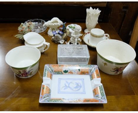 Group of china Ornaments including Japanese Ashtray, glass dish with lid, 1962 Royal Worcester golden anniversary cup and jug
