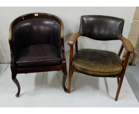 Vintage teak framed Armchair with black leather padded back and seat (worn) and another Armchair with red leather back and se