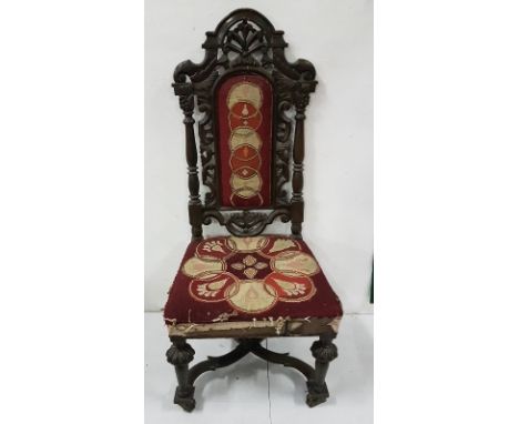 Continental Oak Hall Chair, tapestry upholstered seat and back, with decorative to the top rail and turned supports below, 1.